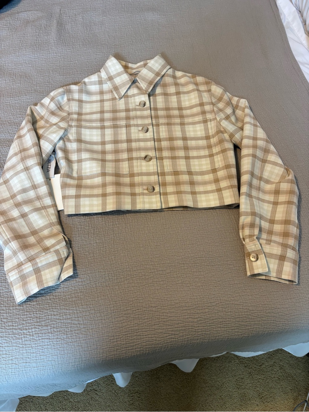 Aritzia Cropped Plaid Blazer Jacket - Cream & Tan